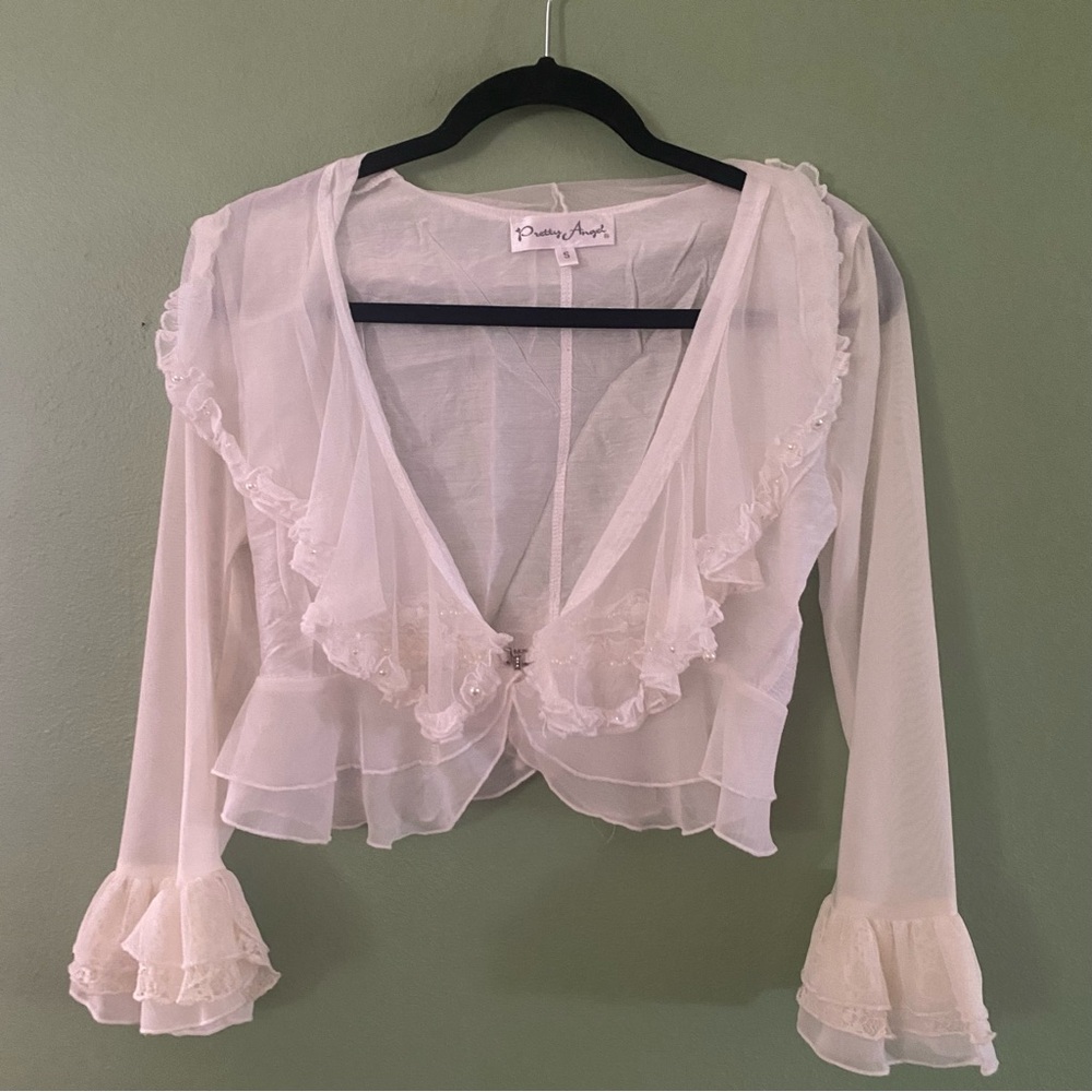Pretty Angel Sheer Cream Ruffle Long Sleeve Top Wedding Festival Women’s S